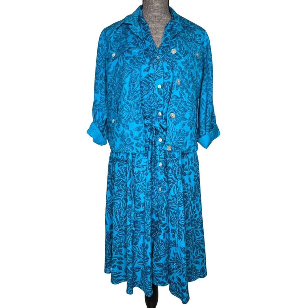Ruby Rd Dress Set Womens Sz 6 Blue Tropical Linen Blend Midi Blazer 2 Pc Resort